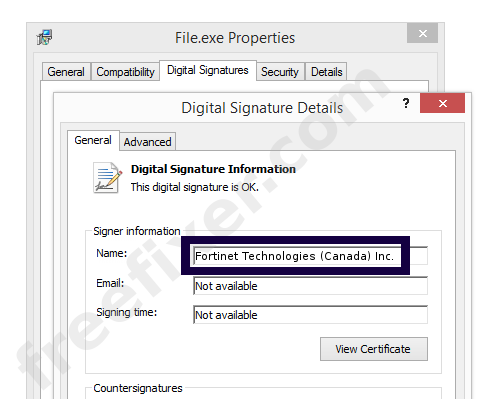 Screenshot of the Fortinet Technologies (Canada) Inc. certificate